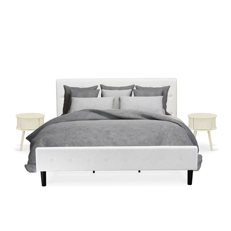 Ensemble de lit 3 pièces - Structure de lit capitonnée à boutons très grand - Tête de lit tapissier en tissu de velours blanc lin et table de chevet au fini lin blanc