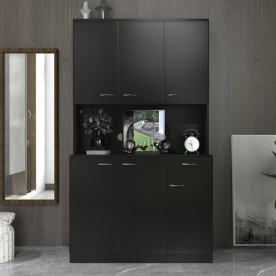 Bedroom Wardrobe, 70.43" Tall, Black. 6 Doors, 1 Open Shelf, Drawer. For Longevity And Style Tall Black Wardrobe Bedroom. 6-Doors, 1-Open 1. A Stable Piece