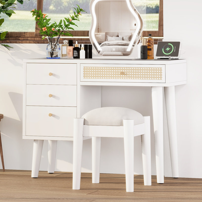 Makeup Vanity Set with Charging Plug and USB Port, White