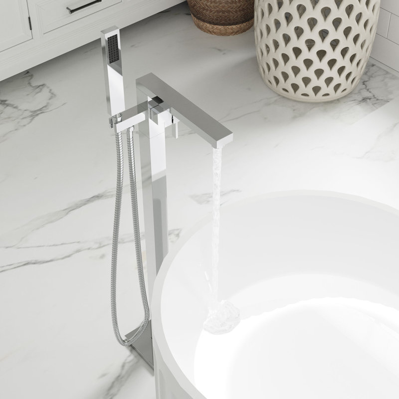 Single-Handle Floor Mounted Freestanding Bath Tub Filler with Hand Shower, Chrome