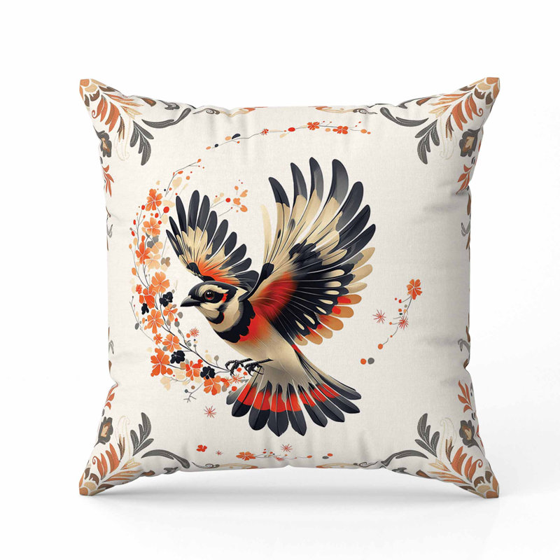 Oreiller Blaze Bird, Noir / rouge / orange, Carré 16 po
