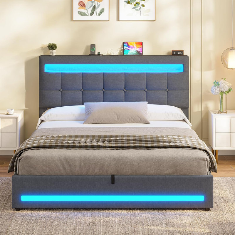 Ottoman Bed Frame with Charging Station & LED Lights, Upholstered Platform Bed frame with Under-bed Storage and Storage Headboard, No Box Spring Needed