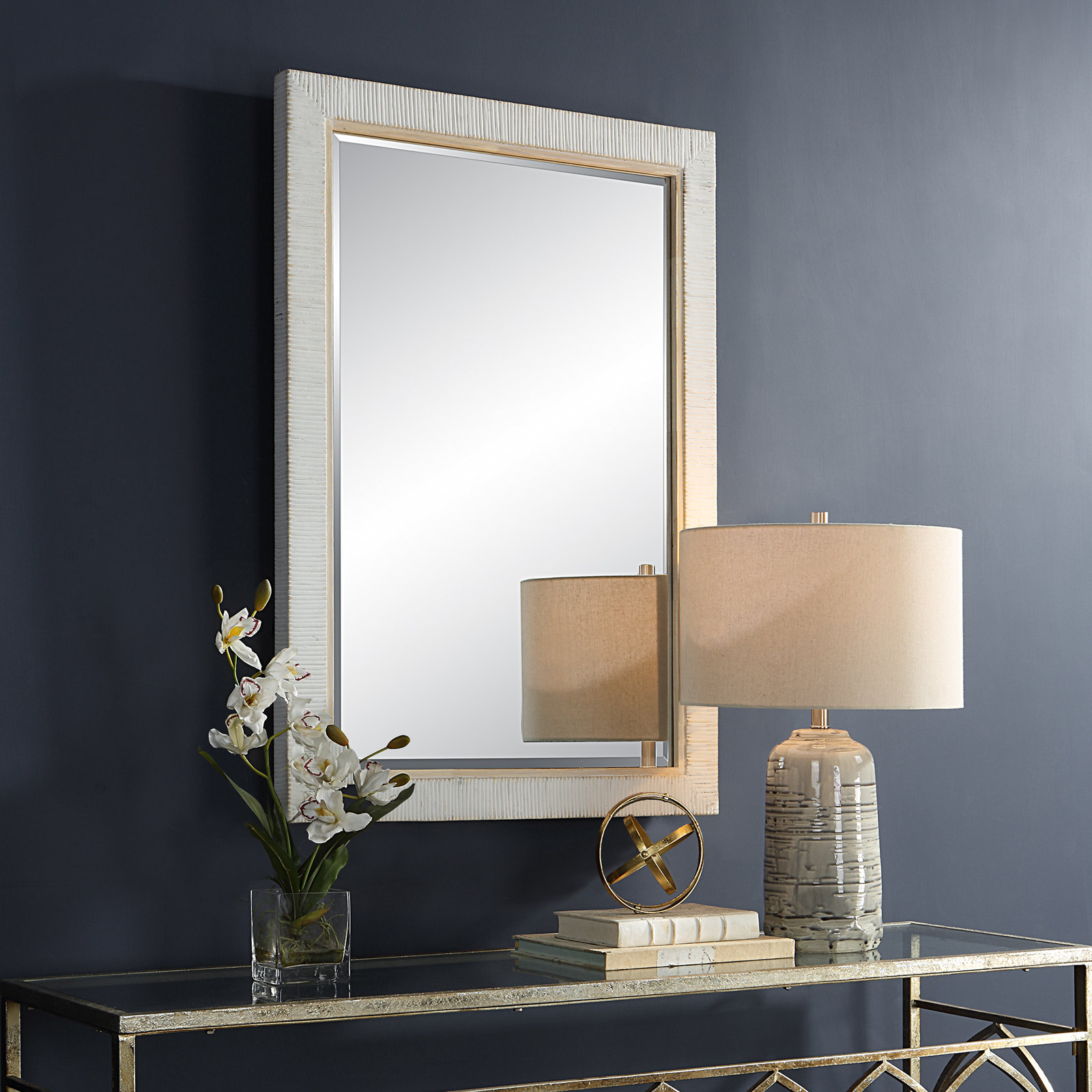 Adrianne Solid Wood and Rattan Rectangle Accent Mirror with Beveled Glass, Silver/Brown