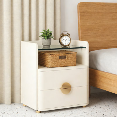 Table de chevet moderne 19,68 po à 2 tiroirs avec plateau en verre trempé et tablette ouverte - Table de chevet en bois avec pieds en métal doré, facile à assembler, table de bout élégante pour la chambre à coucher ou le salon, beige