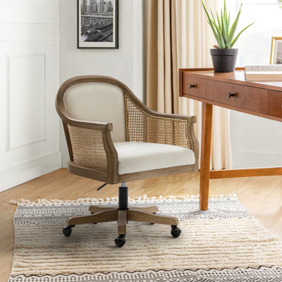 Xaver 50.8cm W Farmhouse Swivel Barrel Task Chair with Rattan Arms
