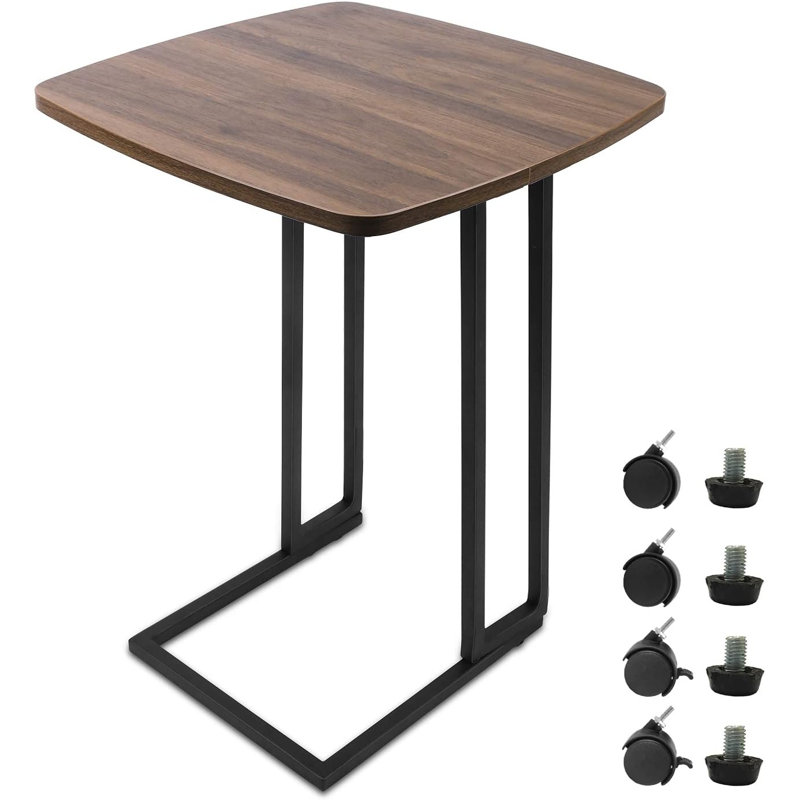 C Shaped End Table, Small Side Table For Couch, TV Tray Table With Detachable Wheels And Metal Frame,Wooden Anti-Scratch Tabletop Sofa Table, For Living Room, Bedroom (Small, Walnut)