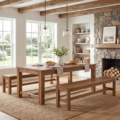 Ensemble de salle à manger de style campagnard en bois massif 3 pièces avec 2 bancs