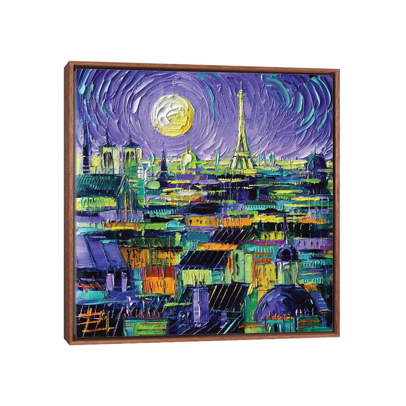 Paris Purple Night by Marianna Shakhova - Painting on Canvas, 66.04 cm H x 66.04 cm W, Brown Framed