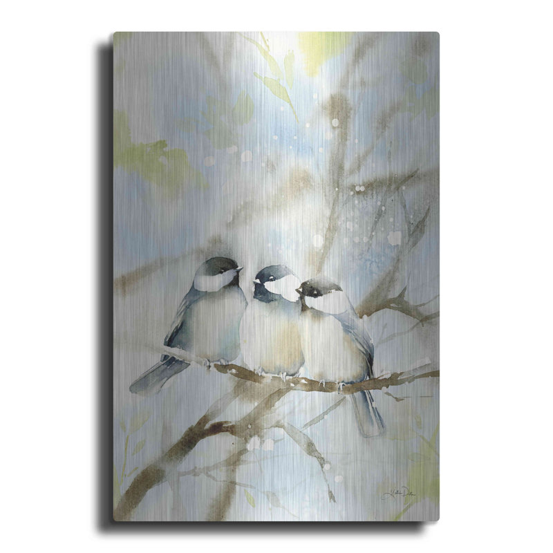 Trois mésanges au printemps par Katrina Pete - peinture sans cadre sur métal, H 24 po x l 16 po x P 0,13 po
