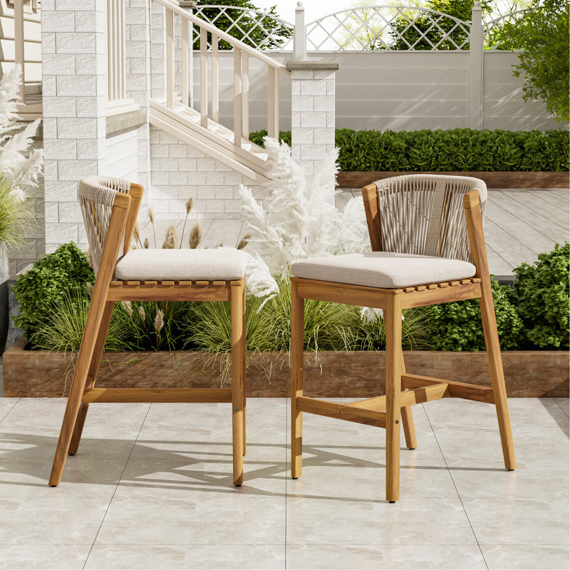 Louie Outdoor Barstool, Teak Finished Wood With Beige Cushion, Set Of 2