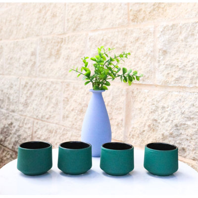 Green Modern Cylindrical Japanese Tetsubin Style Cast Iron Tea Cups Set of 4