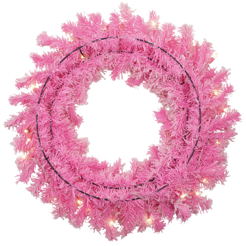Pre-Lit Flocked Pine Artificial Christmas Wreath - 24" - Clear Lights, Pink