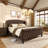 Chenille Upholstered Bed with Wingback Headboard, Bed Frame with Button Tufted Scroll Footboard, Wood Slats Support(Queen)