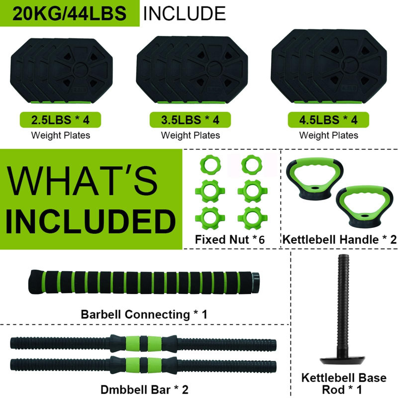 Ensemble d'haltères réglables 4 en 1, ensemble de poids libre de 44 lb avec connecteur, ensemble de poids avec haltères utilisés comme kettlebells, haltères, support à pousser