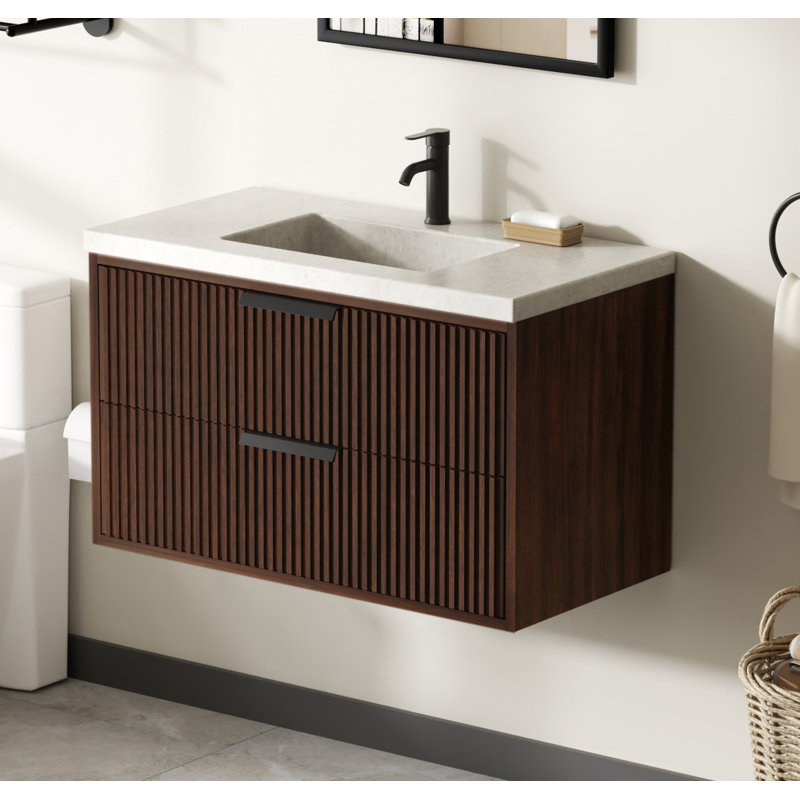 Ensemble de meuble-lavabo flottant avec lavabo simple 36 po Maxbano, Noyer foncé, Noir