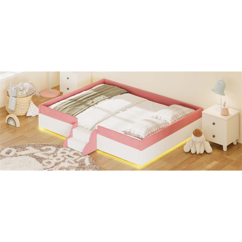 Lit tapissier avec clôture, 2 marches et lumières DEL intelligentes, parfait pour les chambres à coucher modernes et la sécurité (sans matelas)