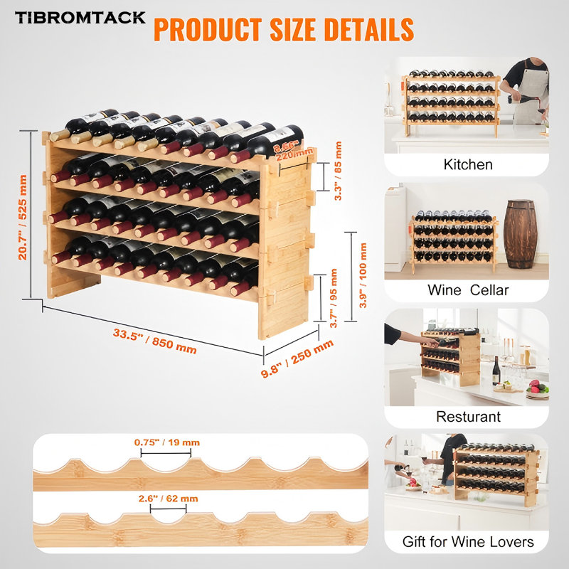 TIBROMTACK Support à vin modulaire empilable en bois de bambou pour 36 bouteilles