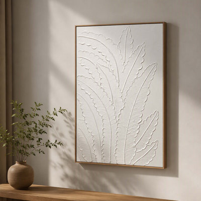 Art mural encadré minimaliste botanique, toile à texture de feuille d'empâtement lourd 3D avec cadre couleur bois
