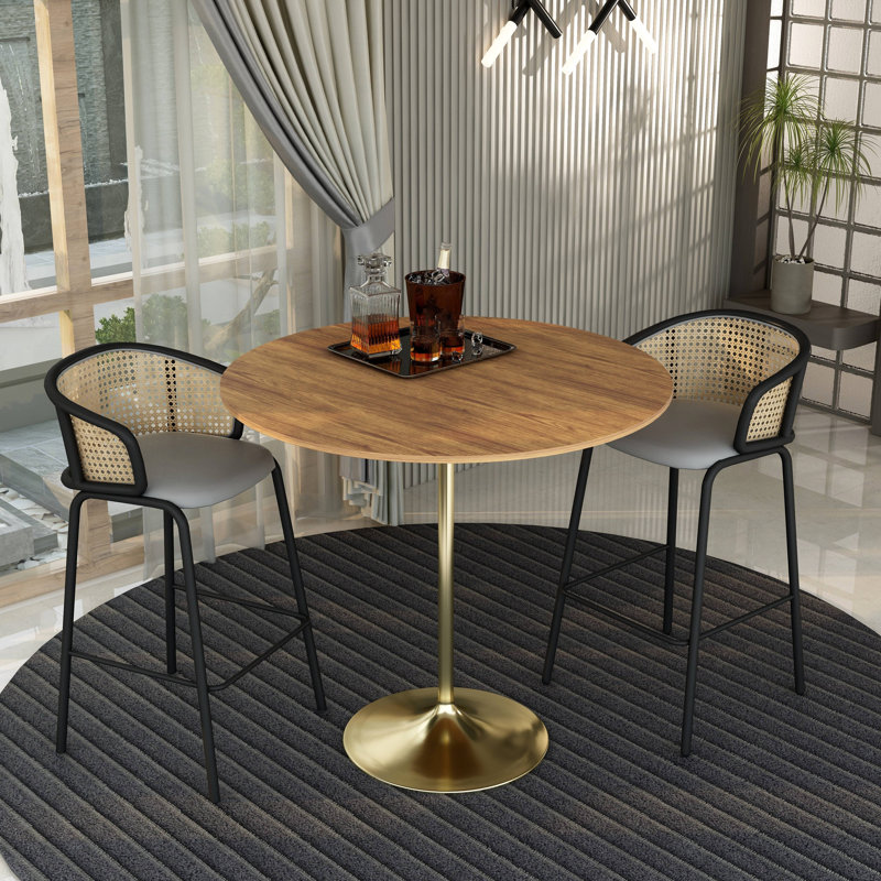 Greydon Round Bar Height Dining Table with MDF Top and Gold Stainless Steel Pedestal Base Kitchen Table Seats 2-6 Person