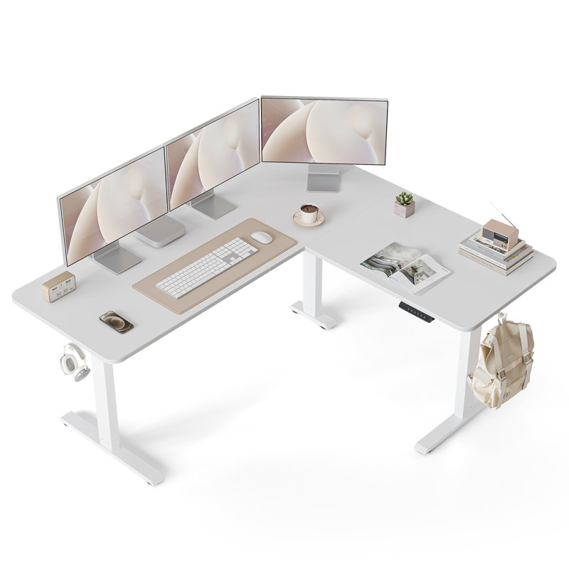 Adjustable L-Shaped Standing Desk, White/White, 28.3" H x 63" W x 55" D