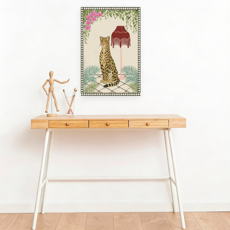 Élégant léopard tropical, rétro, rétro, chat, orchidée, palmier, fleur, art mural, 18" H x 12" W