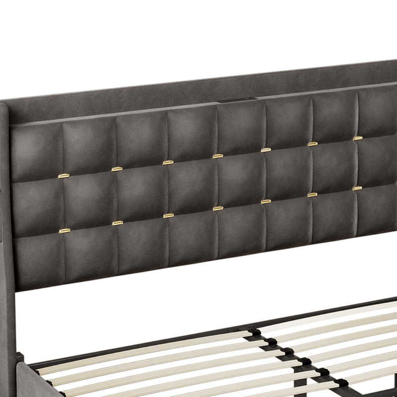Mercer41 Velvet Upholstered Bed Frame With LED Headboard,3 Rolling Drawers And Power Outlets, Gray, King