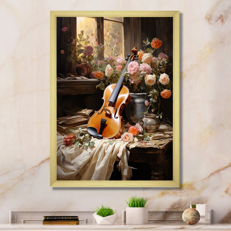 Violon harmonie florale sur toile, Cadre doré simple, H 32 po x l 16 po x P 1 po