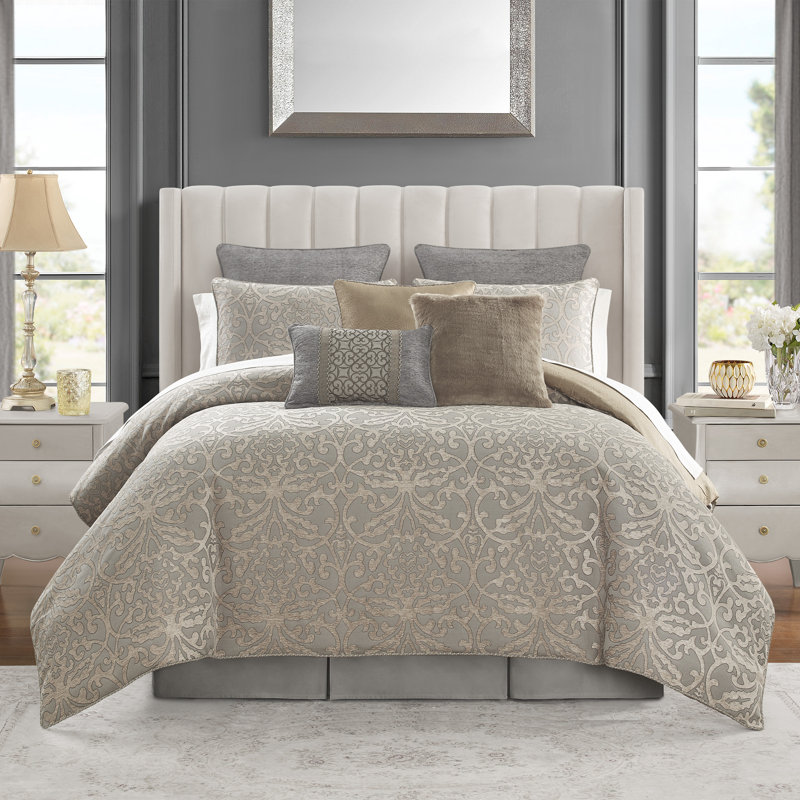 Carrick Polyester Ring Stitch Damask Comforter, King Comforter + 5 Additional Pieces