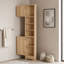 Meuble de rangement en coin triangulaire pour salle de bain avec 3 tablettes réglables, une tablette centrale ouverte et un dispositif anti-basculement