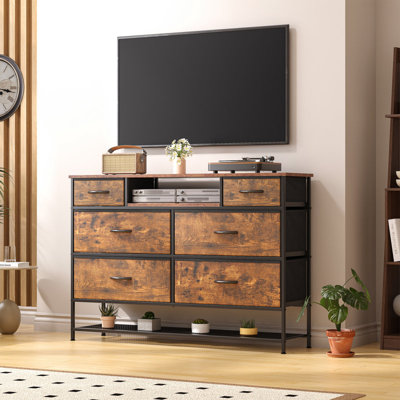 120 cm W Chest of 6 Drawers, Rustic Brown/Black