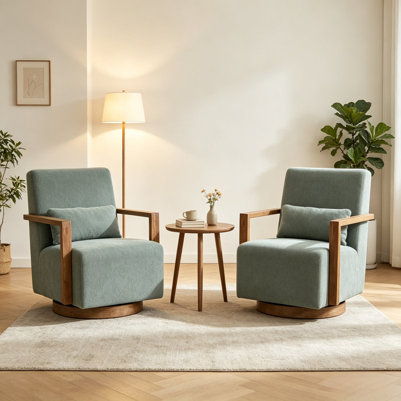 Ensemble de chaises d'appoint pivotantes en mélange de lin à 360 ° avec accoudoirs ouverts en bois massif 29,7 po
