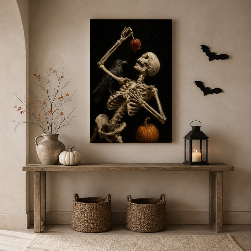 Squelette tenant une pomme rouge et un corbeau noir, H 30 po x l 20 po