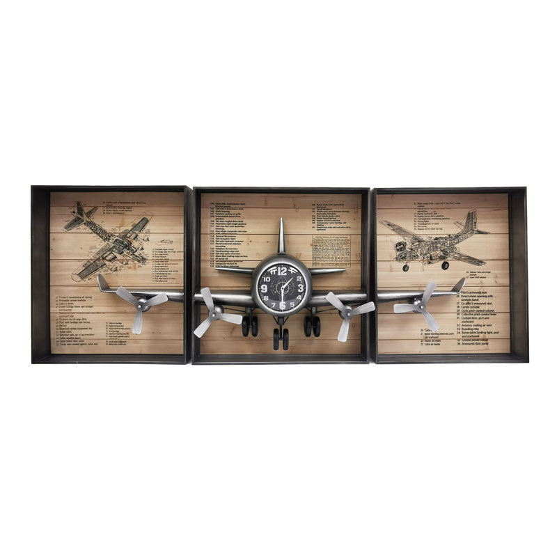 Art mural avion métallique rétro avec horloge, ensemble de 3