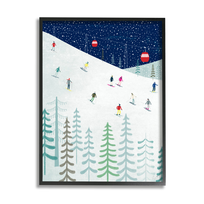 «Skiing Night Sky Winter Slopes» encadré sur bois par Andrew Thornton, impression, Giclée encadrée noir minuit