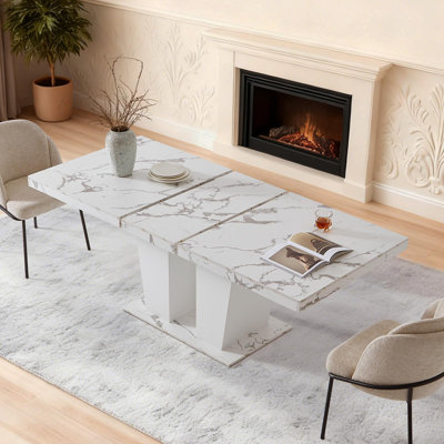 Extendable Rectangular Dining Table with Fluted Double Pedestal Base