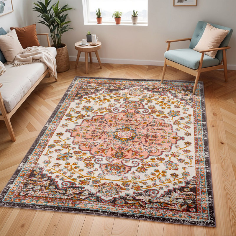 Traditional Rug, Bordered Floral Easy to Clean Rug For Living Room, Dining Room, Bedroom, Rectangle 140 x 200 cm