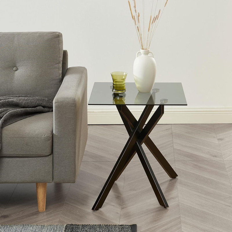 Modern Square Side Table - 20”Dx20”Wx22”H (Grey Tempered Glass Top & Black Metal Legs with Gold Rim), Black