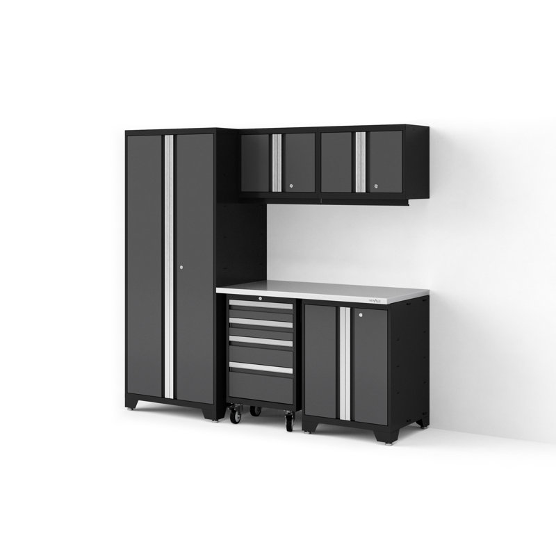 Bold XL Series Gray 6 Piece Garage Cabinets Set With Tool, Base, Wall Cabinets, Stainless Steel Worktop And 30 In. Locker