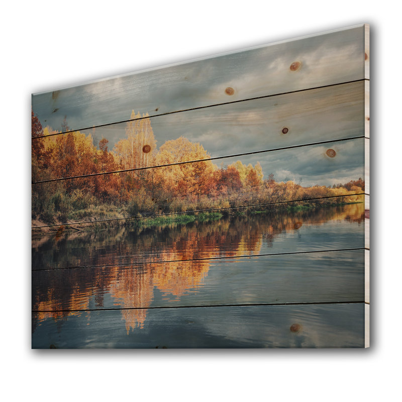 Pittoresque forêt d'automne au bord de la rivière - reproduction de photo non encadrée sur bois, H 24 po x l 32 po x P 1 po