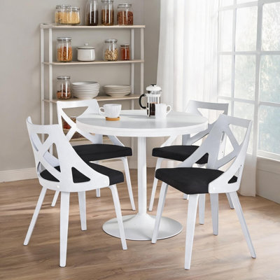 Ensemble de salle à manger 5 pièces avec table ronde en bois blanc et chaises rembourrées gris anthracite, base contemporaine en acier