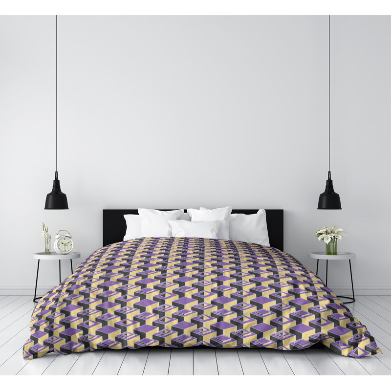 Housse de couette simple à motif de gratte-ciels foncés, Housse de couette pour très grand lit, Mauve/jaune, Polyester brossé