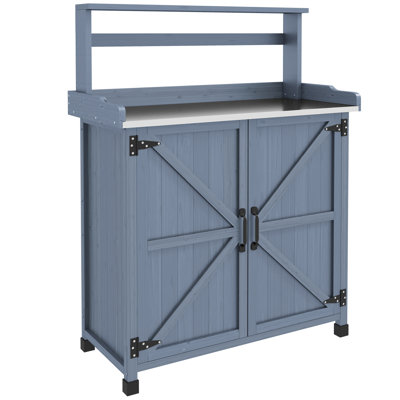 Potting Bench, Outdoor Wooden Potting Table With Storage Cabinet With 2 Shelves, Garden Work Bench With Galvanized Plated Tabletop For Backyard, Balcony