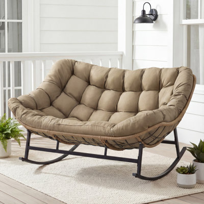 Oversized 2-Person Nest-Style Rocking Chair, Indoor/Outdoor Wicker Lounge Rocker with Cushion, Quiet Non-Slip Base