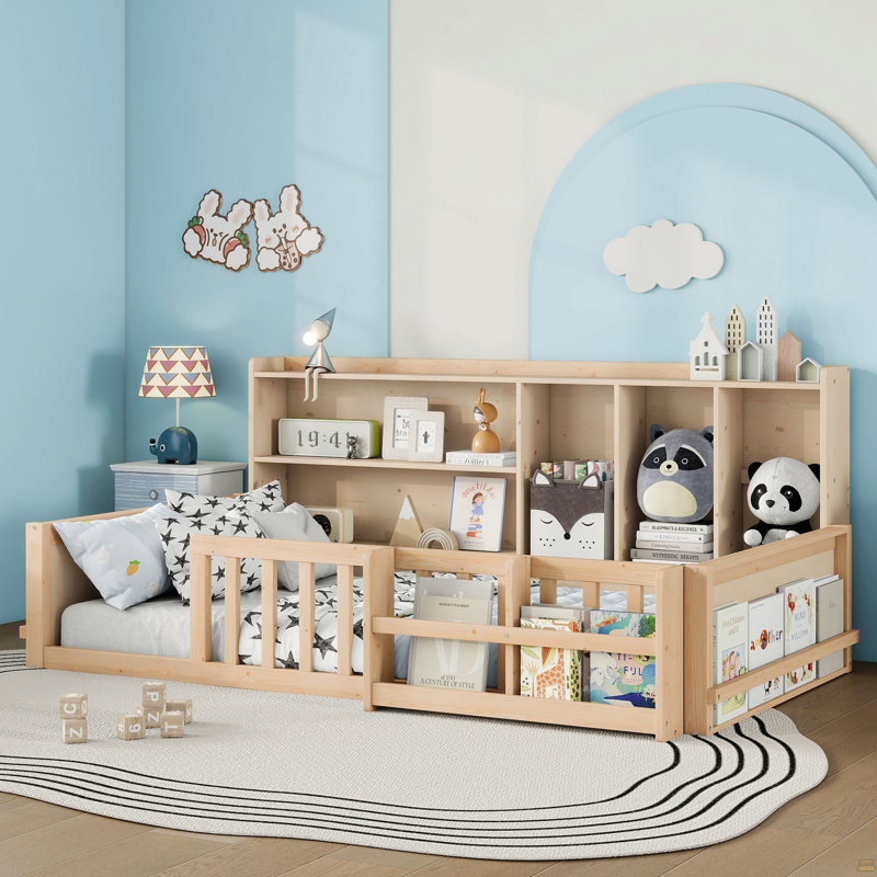 Full Size Kids Wooden Platform Bed Frame with Guardrail Fence, Side Storage Shelves & Book Shelf, Space Saving Floor Bed, Natural