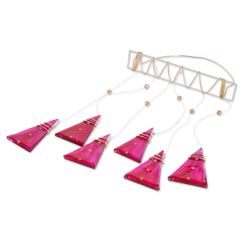 Novica Handmade Pink Peaks Recycled Glass Windchime
