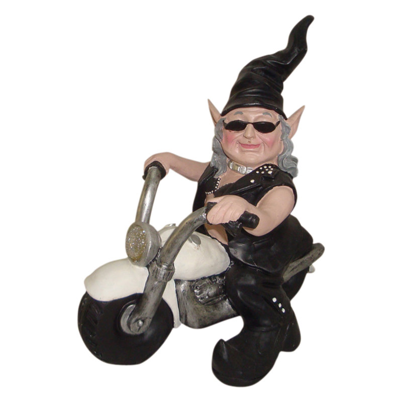 Statue de jardin motard né-à-tour gnome motard, Blanc / noir