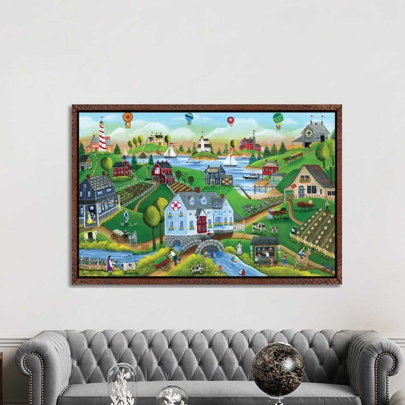 Village By The Sea With Hot Air Ballons by Cheryl Bartley - Print on Canvas, Classic Brown Wood Framed