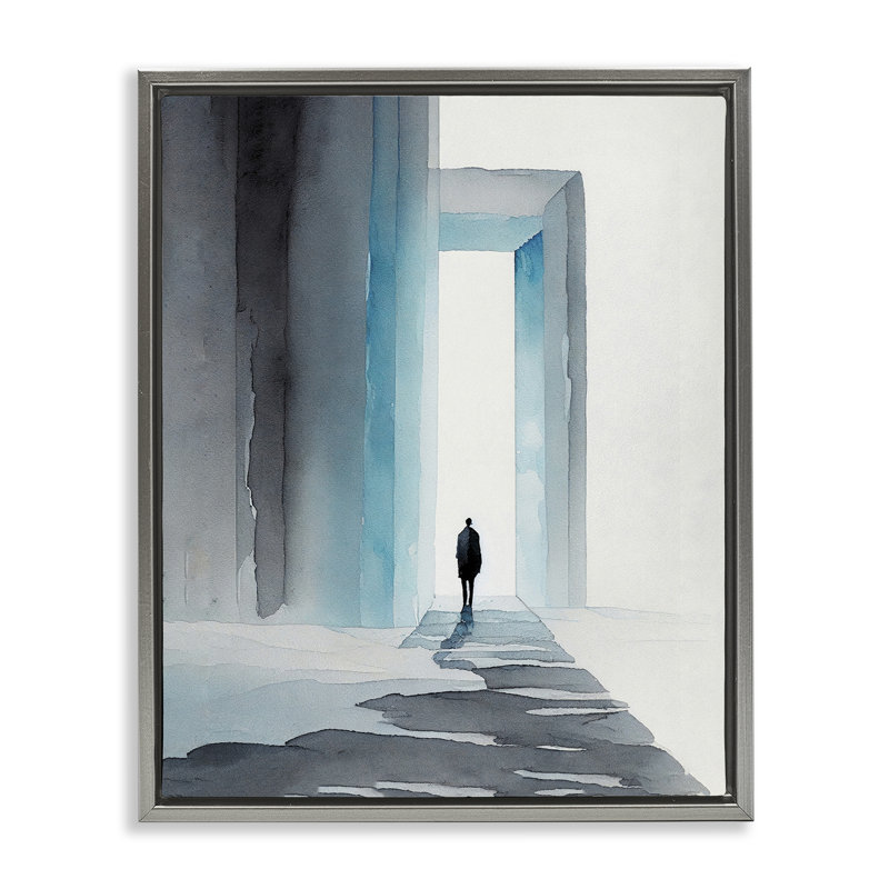 Art mural sur toile "Personne avec porte enneigée" par Incado, H 21 po x l 17 po, Cadre flottant gris lustré