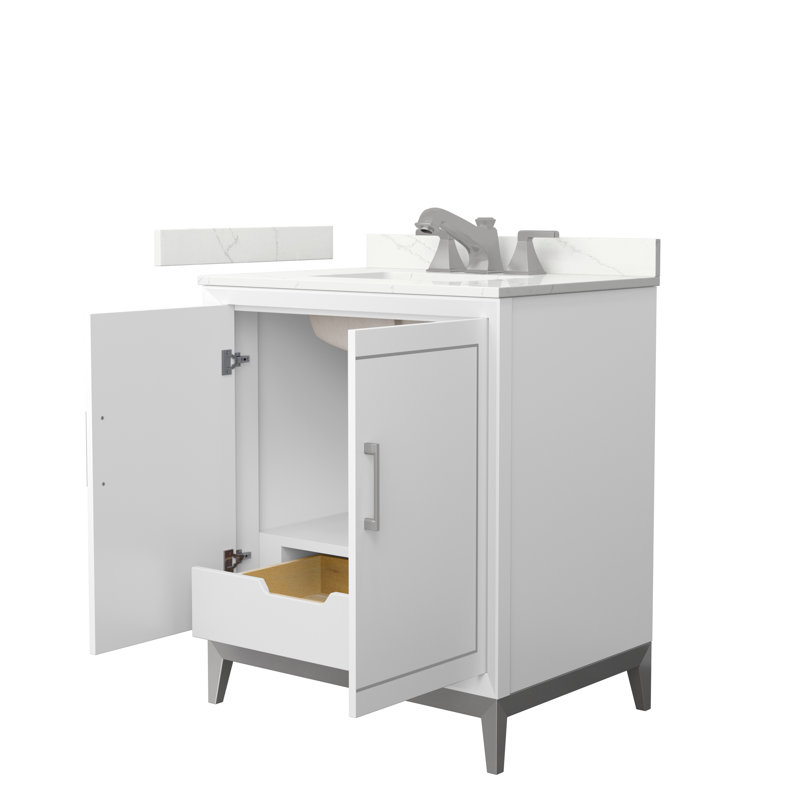 Ensemble de meuble-lavabo simple 30 po avec plateau Marlena, Quartz Giotto, Blanc, Bronze satiné