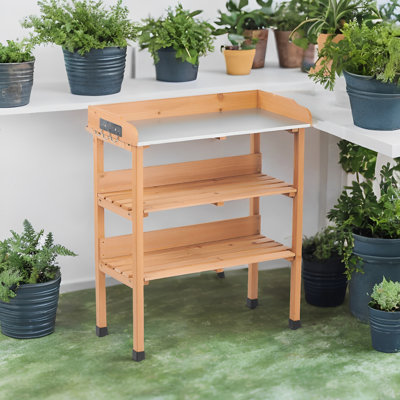 Table de rempotage brune 30,5L 14,6W 35,5H, banc de travail en bois massif à 3 niveaux avec plateau en métal, utilisation à l'extérieur dans le jardin et le garage, crochets intégrés, pieds réglables pour un accès facile, stabilité, couche 30X14.535.5